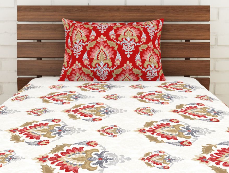 Ornate Poppy Red - Red 100% Cotton Single Bedsheet - Atrium Ecom By Spaces