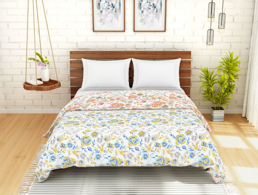 Floral Blue 100% Cotton Shell Double Quilt / AC Comforter - Atrium By Spaces