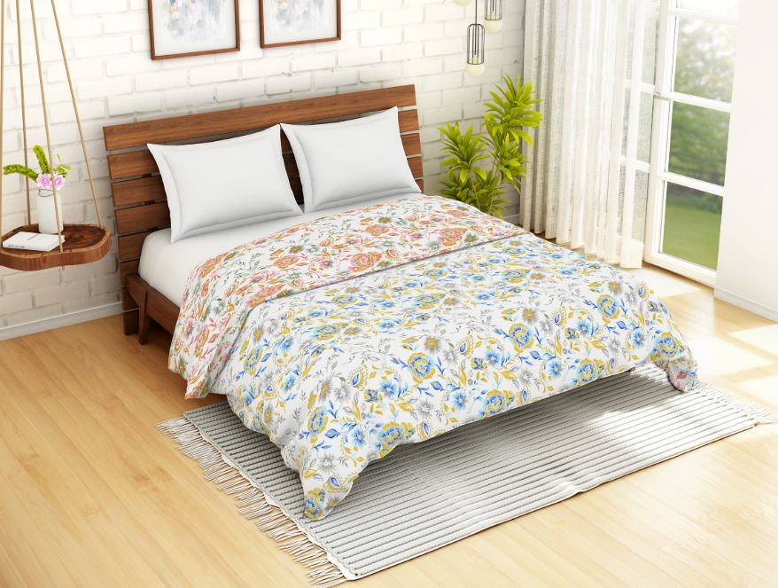 Floral Blue 100% Cotton Shell Double Quilt / AC Comforter - Atrium By Spaces