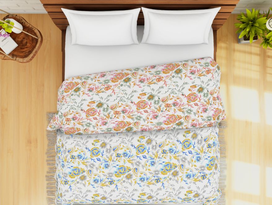 Floral Blue 100% Cotton Shell Double Quilt / AC Comforter - Atrium By Spaces