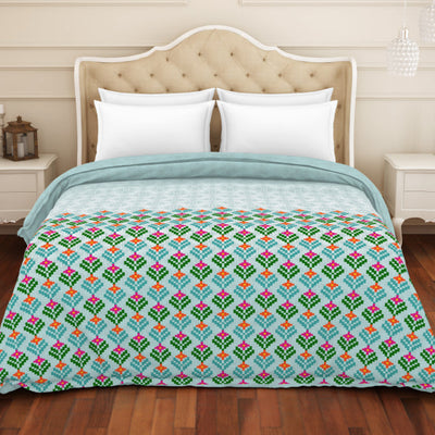 Floral Teal - Blue 100% Cotton Shell Double Quilt / AC Comforter - Atrium Plus By Spaces