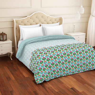 Floral Teal - Blue 100% Cotton Shell Double Quilt / AC Comforter - Atrium Plus By Spaces
