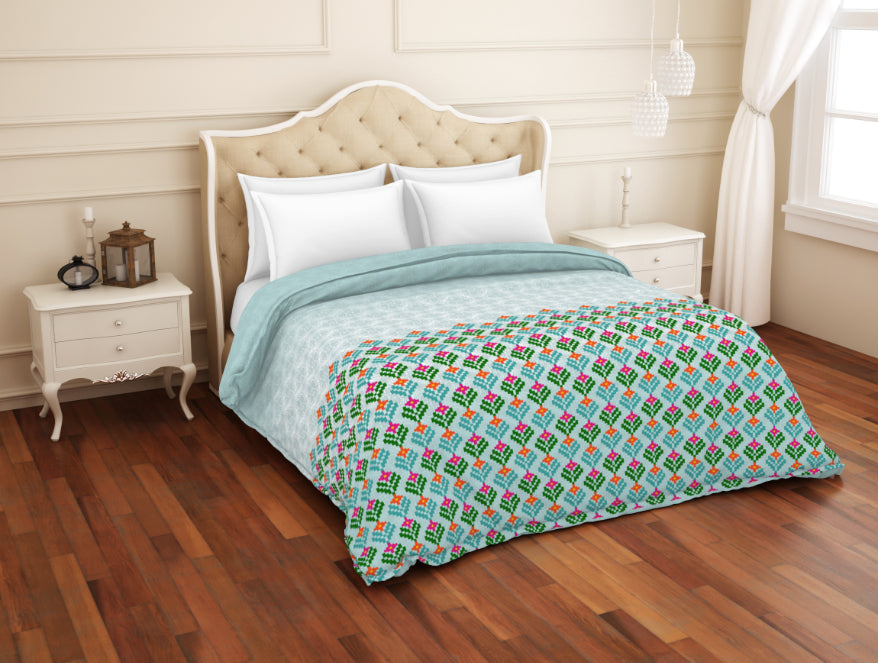 Floral Teal - Blue 100% Cotton Shell Double Quilt / AC Comforter - Atrium Plus By Spaces
