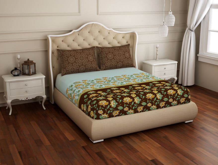 Floral Sea Green - Green 100% Cotton King Fitted Sheet - Atrium Plus Ecom By Spaces