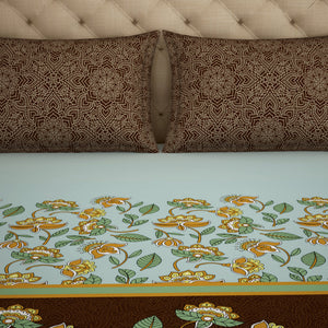 Floral Sea Green - Green 100% Cotton King Fitted Sheet - Atrium Plus Ecom By Spaces