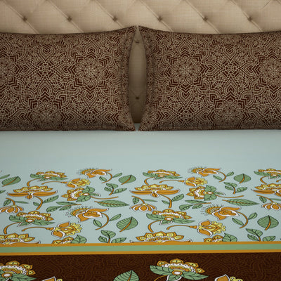 Floral Sea Green - Green 100% Cotton King Fitted Sheet - Atrium Plus Ecom By Spaces