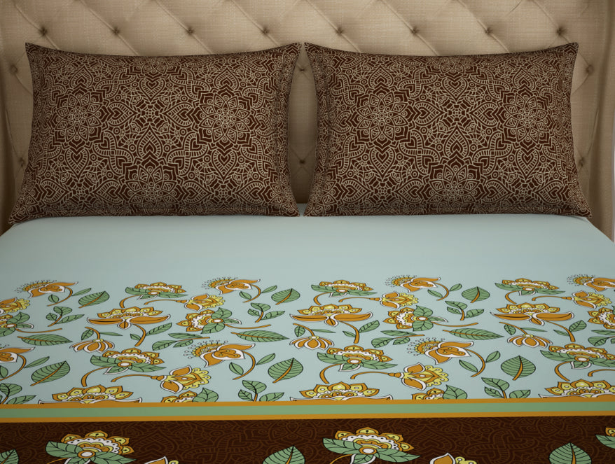 Floral Sea Green - Green 100% Cotton King Fitted Sheet - Atrium Plus Ecom By Spaces