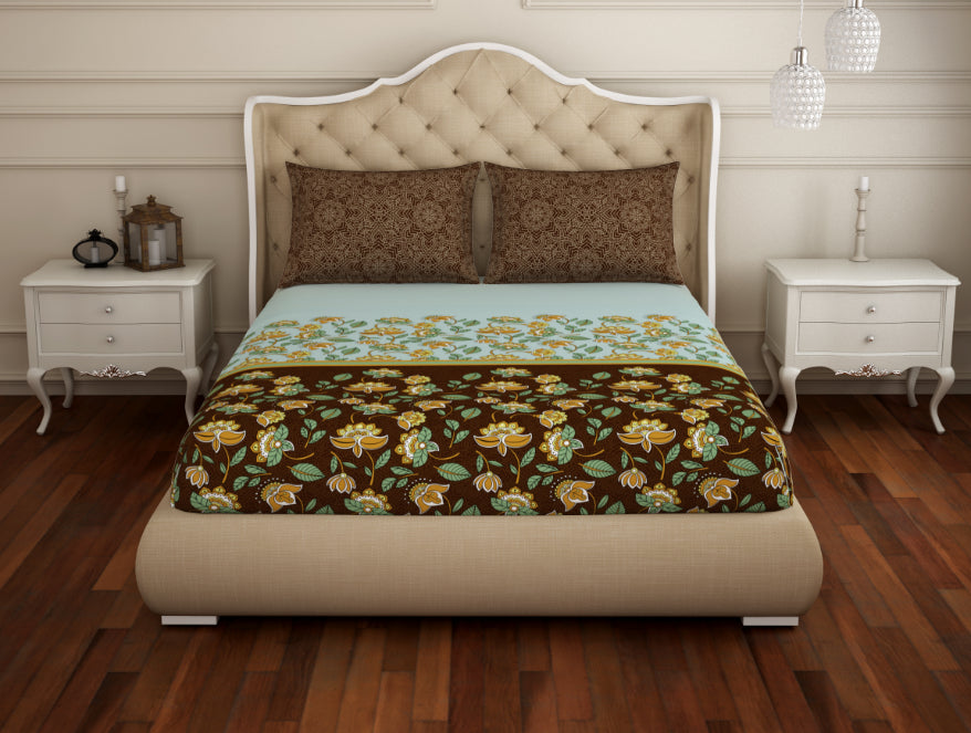 Floral Sea Green - Green 100% Cotton King Size Bedsheet - Atrium Plus Ecom By Spaces