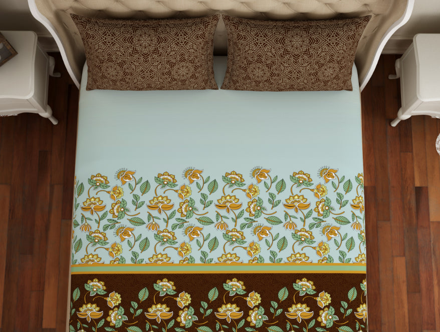 Floral Sea Green - Green 100% Cotton King Size Bedsheet - Atrium Plus Ecom By Spaces
