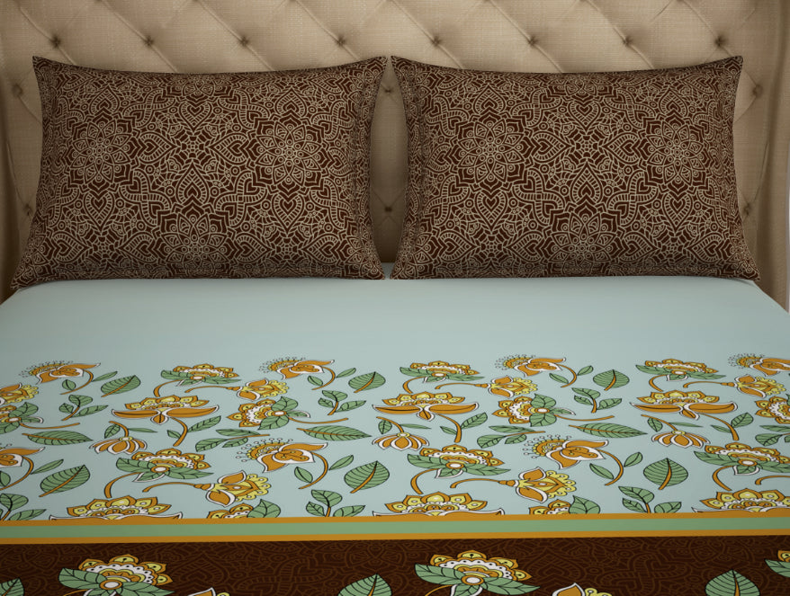 Floral Sea Green - Green 100% Cotton King Size Bedsheet - Atrium Plus Ecom By Spaces