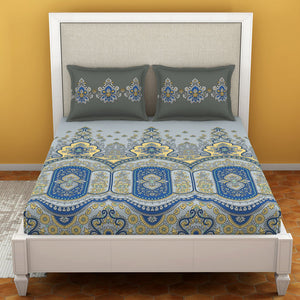 Floral Vapor Blue - Light Grey 100% Cotton King Size Bedsheet - Estaa By Spaces-1064783