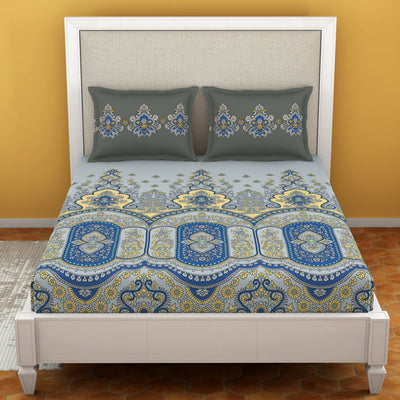 Floral Vapor Blue - Light Grey 100% Cotton King Size Bedsheet - Estaa By Spaces-1064783