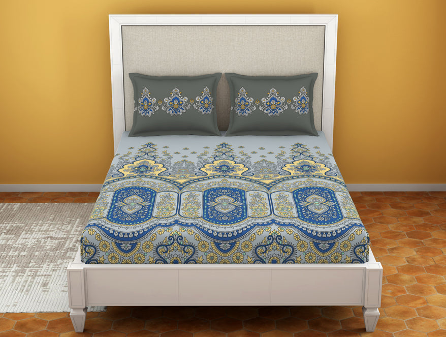 Floral Vapor Blue - Light Grey 100% Cotton King Size Bedsheet - Estaa By Spaces-1064783
