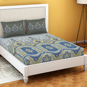Floral Vapor Blue - Light Grey 100% Cotton King Size Bedsheet - Estaa By Spaces-1064783