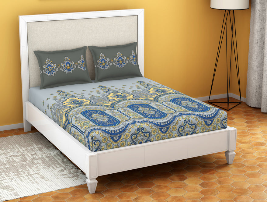 Floral Vapor Blue - Light Grey 100% Cotton King Size Bedsheet - Estaa By Spaces-1064783