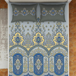 Floral Vapor Blue - Light Grey 100% Cotton King Size Bedsheet - Estaa By Spaces-1064783