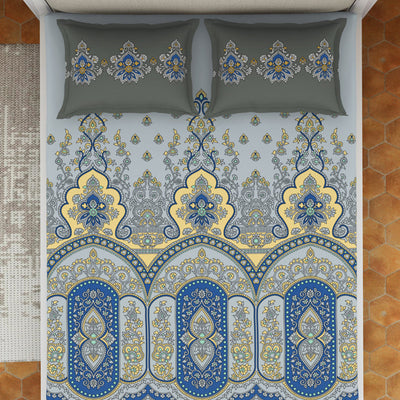 Floral Vapor Blue - Light Grey 100% Cotton King Size Bedsheet - Estaa By Spaces-1064783