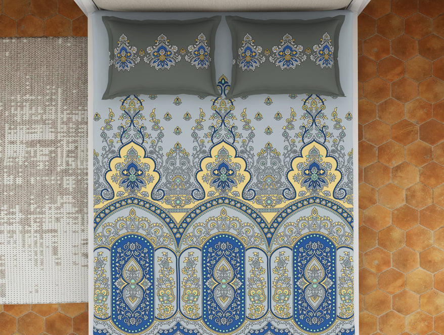Floral Vapor Blue - Light Grey 100% Cotton King Size Bedsheet - Estaa By Spaces-1064783
