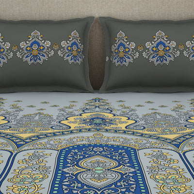 Floral Vapor Blue - Light Grey 100% Cotton King Size Bedsheet - Estaa By Spaces-1064783