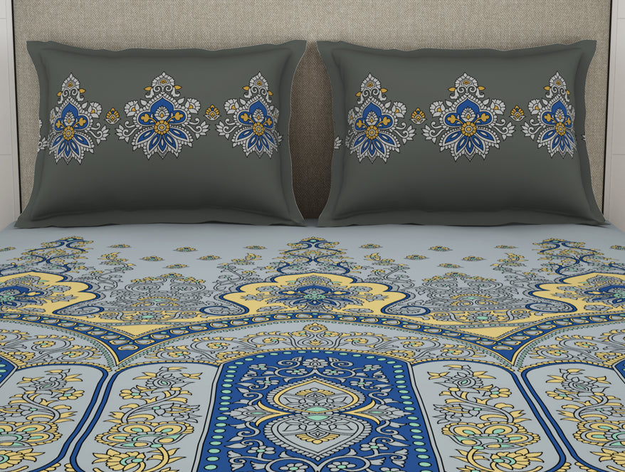 Floral Vapor Blue - Light Grey 100% Cotton King Size Bedsheet - Estaa By Spaces-1064783