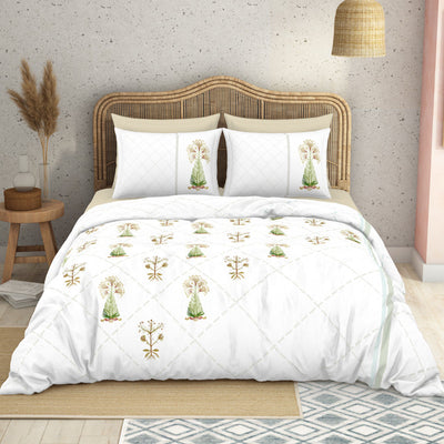 Floral Turf Green 100% Cotton King Size Bedsheet - Kalakari Haath By Spaces