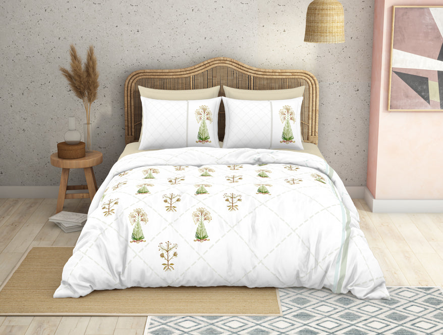 Floral Turf Green 100% Cotton King Size Bedsheet - Kalakari Haath By Spaces