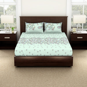 Floral Hushed Green - Light Aqua 100% Cotton Double Bedsheet - Evoke By Spaces-1065728