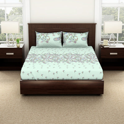 Floral Hushed Green - Light Aqua 100% Cotton Double Bedsheet - Evoke By Spaces-1065728