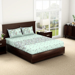 Floral Hushed Green - Light Aqua 100% Cotton Double Bedsheet - Evoke By Spaces-1065728