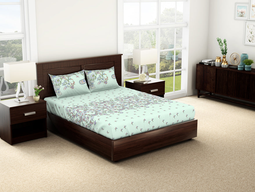 Floral Hushed Green - Light Aqua 100% Cotton Double Bedsheet - Evoke By Spaces-1065728