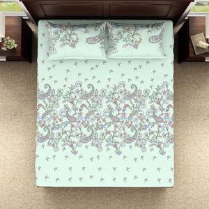 Floral Hushed Green - Light Aqua 100% Cotton Double Bedsheet - Evoke By Spaces-1065728
