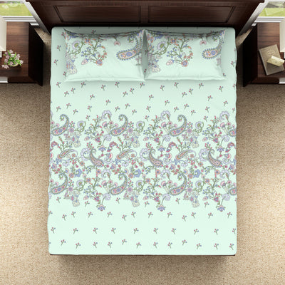 Floral Hushed Green - Light Aqua 100% Cotton Double Bedsheet - Evoke By Spaces-1065728