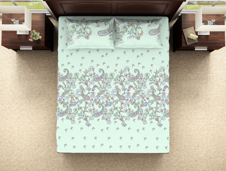 Floral Hushed Green - Light Aqua 100% Cotton Double Bedsheet - Evoke By Spaces-1065728
