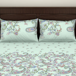 Floral Hushed Green - Light Aqua 100% Cotton Double Bedsheet - Evoke By Spaces-1065728