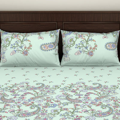 Floral Hushed Green - Light Aqua 100% Cotton Double Bedsheet - Evoke By Spaces-1065728