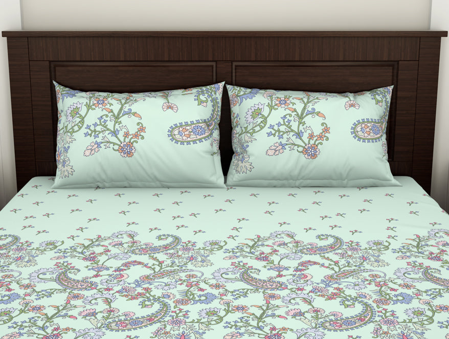 Floral Hushed Green - Light Aqua 100% Cotton Double Bedsheet - Evoke By Spaces-1065728