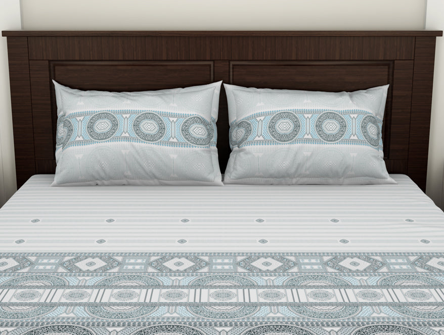 Geometric Barely Blue - Light Grey 100% Cotton Double Bedsheet - Evoke By Spaces-1065740