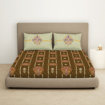 Floral Kelp - Light Brown 100% Cotton King Fitted Sheet - Timeless By Spaces-1065802