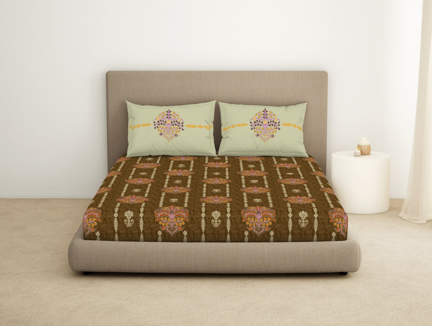 Floral Kelp - Light Brown 100% Cotton King Fitted Sheet - Timeless By Spaces-1065802