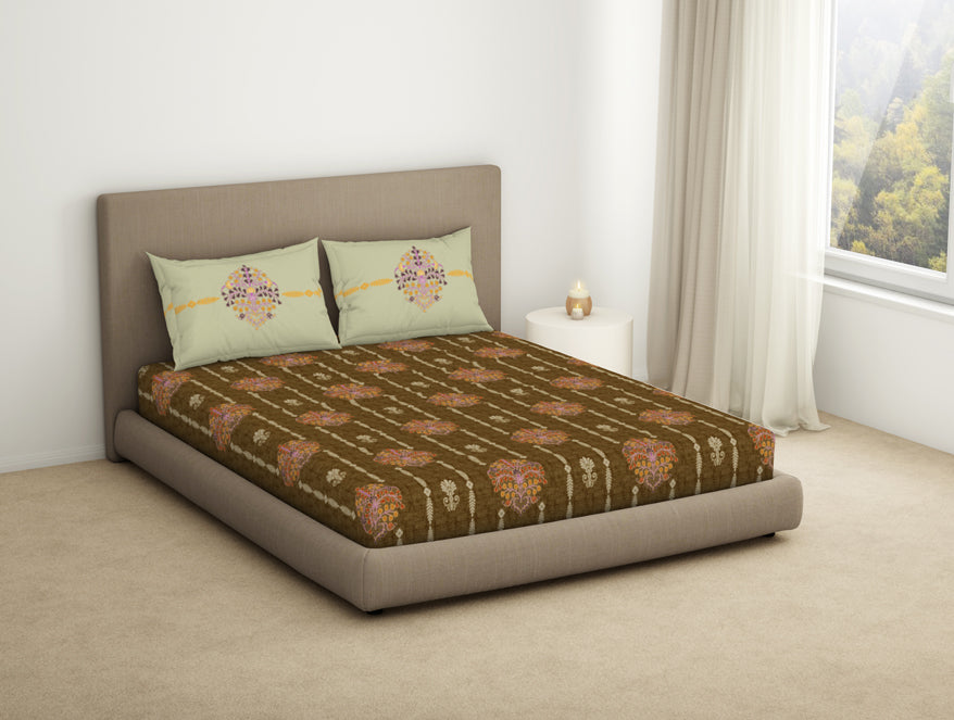 Floral Kelp - Light Brown 100% Cotton King Fitted Sheet - Timeless By Spaces-1065802