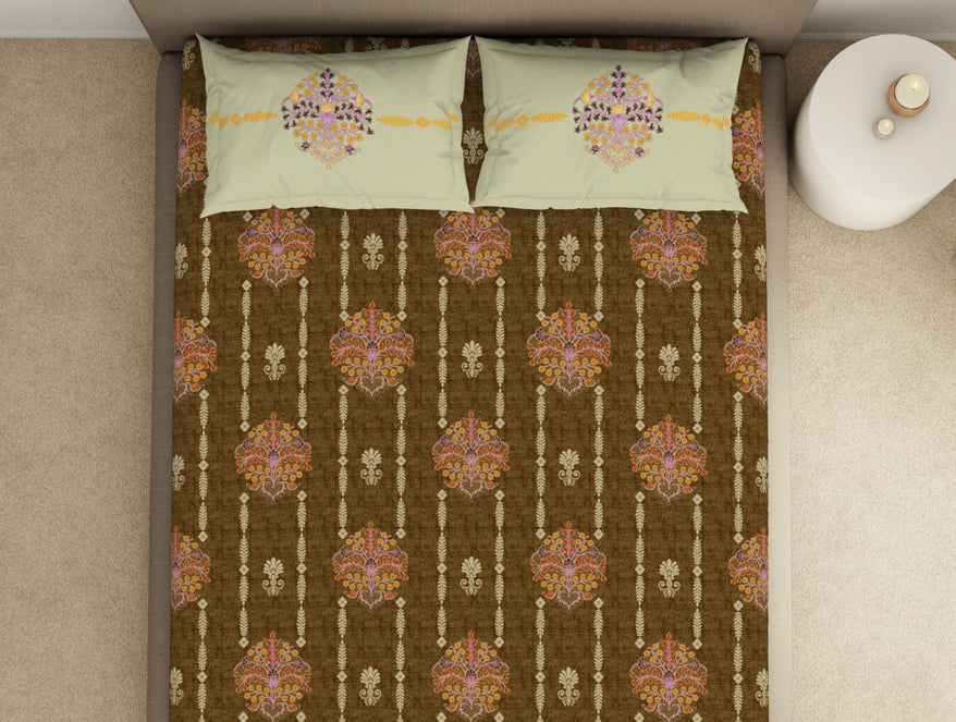 Floral Kelp - Light Brown 100% Cotton King Fitted Sheet - Timeless By Spaces-1065802