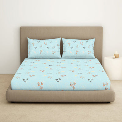 Floral Salt Air - Light Blue 100% Cotton King Fitted Sheet - Dainty By Spaces-1065824