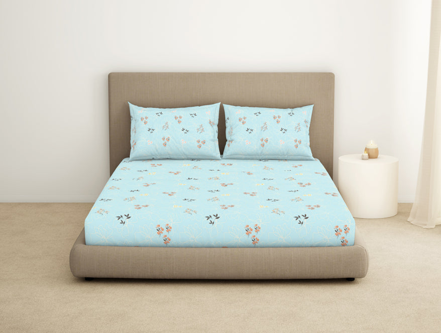 Floral Salt Air - Light Blue 100% Cotton King Fitted Sheet - Dainty By Spaces-1065824