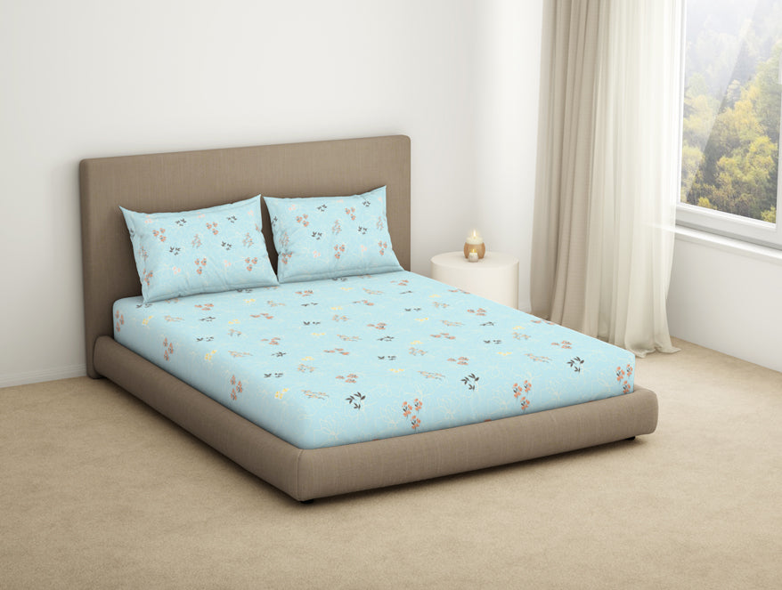 Floral Salt Air - Light Blue 100% Cotton King Fitted Sheet - Dainty By Spaces-1065824