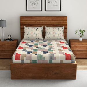 Geometric Eggnog - Cream 100% Cotton Double Bedsheet - Color Block By Spaces
