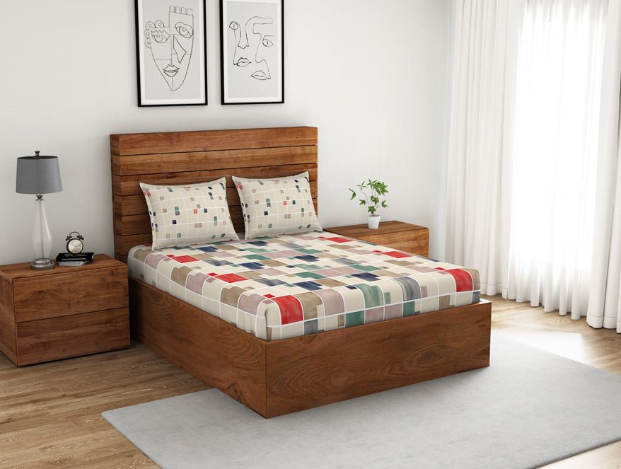 Geometric Eggnog - Cream 100% Cotton Double Bedsheet - Color Block By Spaces