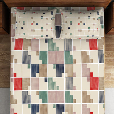 Geometric Eggnog - Cream 100% Cotton Double Bedsheet - Color Block By Spaces