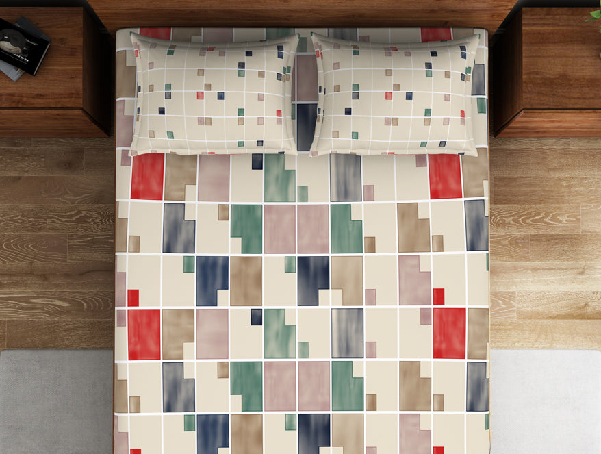 Geometric Eggnog - Cream 100% Cotton Double Bedsheet - Color Block By Spaces