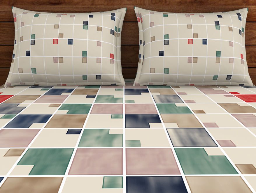Geometric Eggnog - Cream 100% Cotton Double Bedsheet - Color Block By Spaces