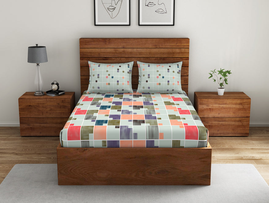 Geometric Fairest Jade - Light Green 100% Cotton Double Bedsheet - Color Block By Spaces